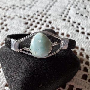 Silver Tone Blue Aragonite Inset Black Cloth Wrapped Bracelet Artisan Fashion